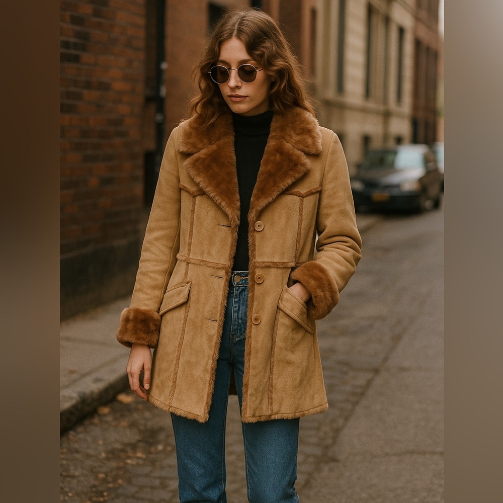 Y2K Genuine Suede Penny Lane Coat Tan Brown Faux Shearling Pegabo (M Fits Sm)